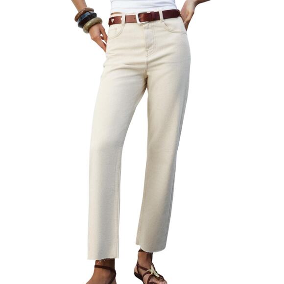 Zara 4 Ecru High Rise Straight Jeans Raw Hem Neutral - Picture 1 of 11